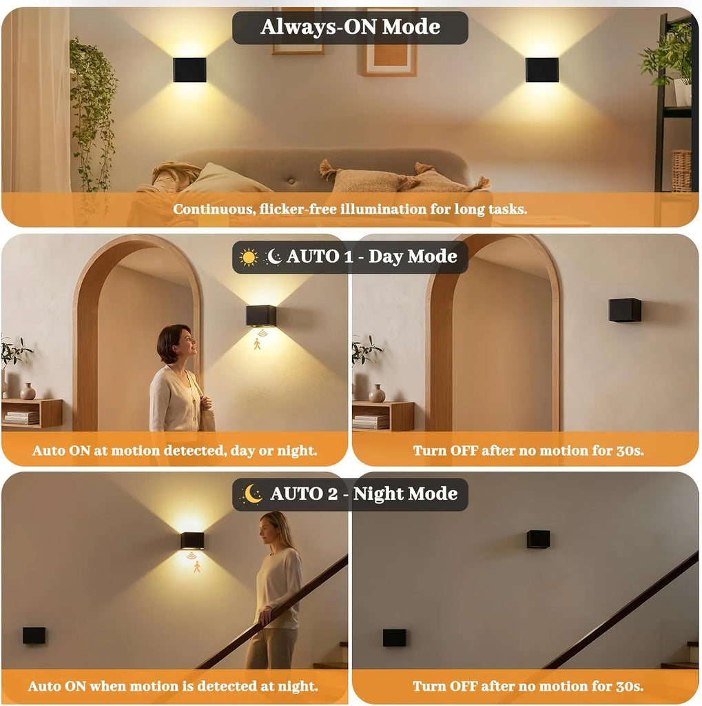 Black Rechargeable Motion Sensor Wall Lights – Magnetic Wireless LED Sconces, 2-Pack