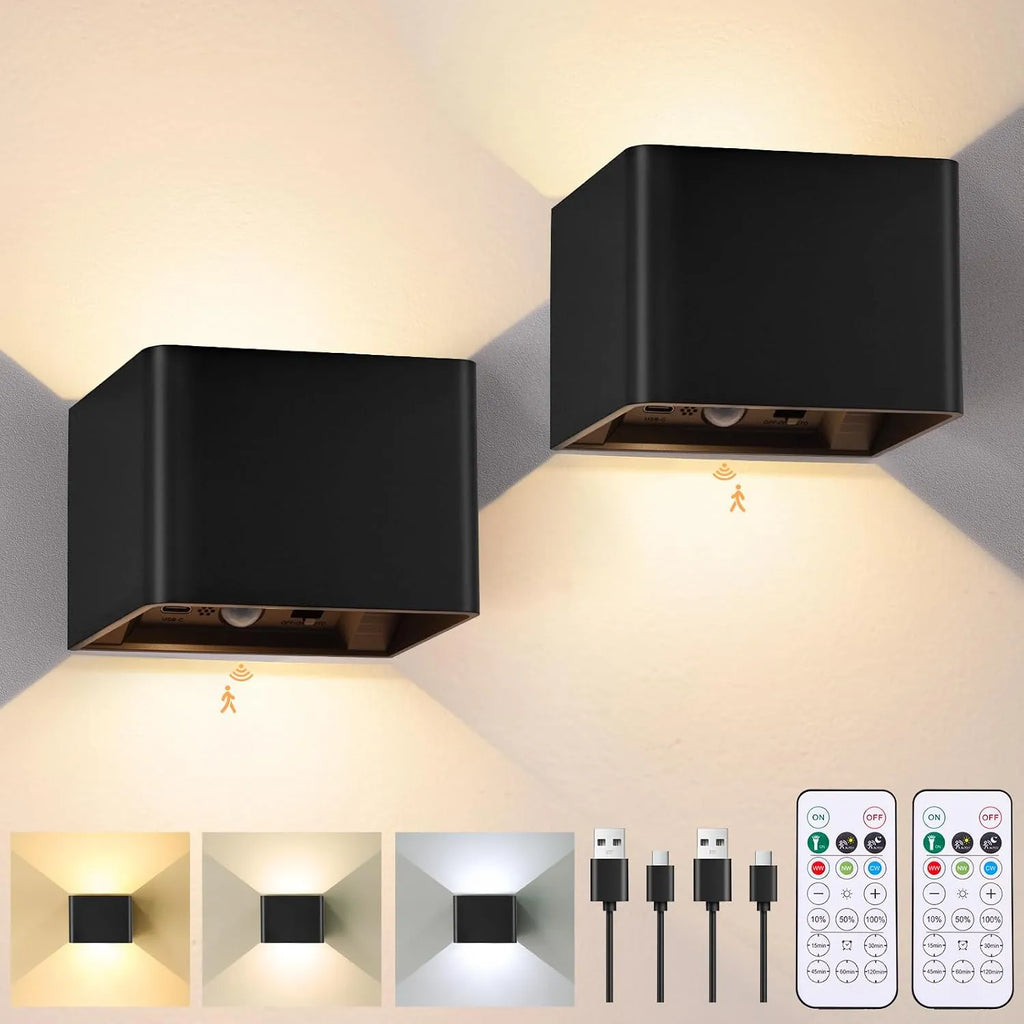 Black Rechargeable Motion Sensor Wall Lights – Magnetic Wireless LED Sconces, 2-Pack